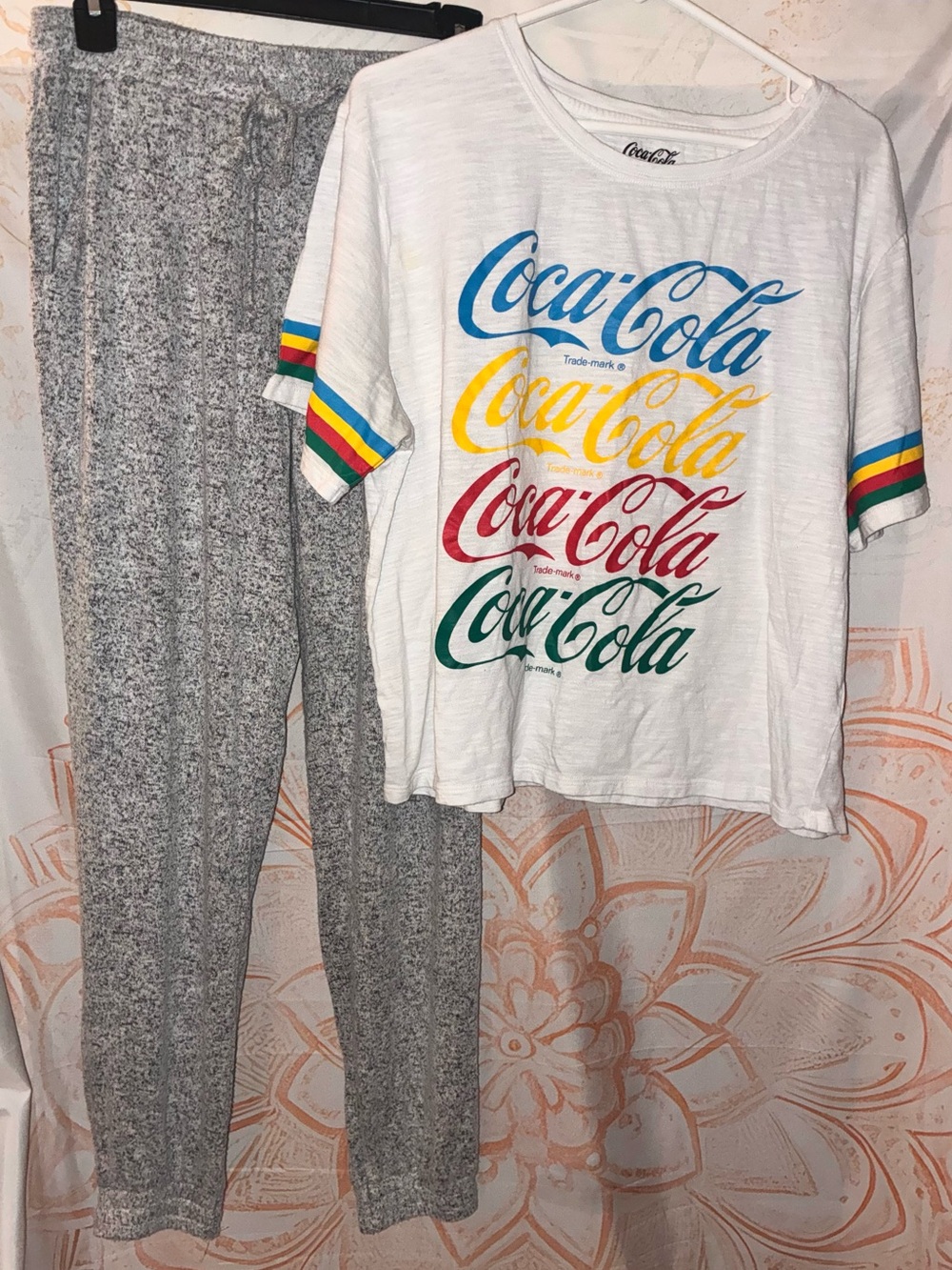Coca Cola White Tee & Gray Jogger Pants with Rainbow Script